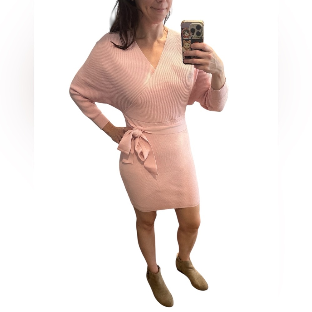 Pink Ribbed Knit Belted Sweater Dress